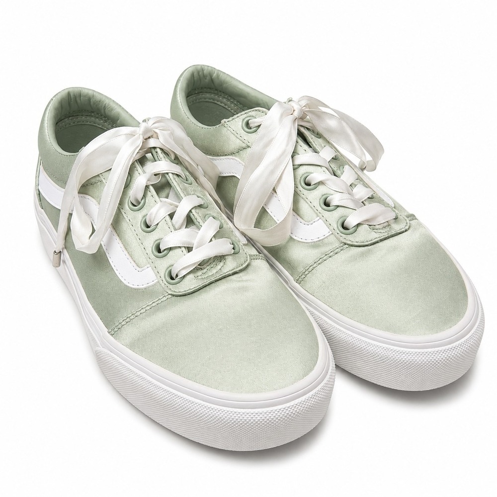 VANS Off The Wall Old Skool Platform Sneaker Women Sz 8 Green Satin Ribbon Laces